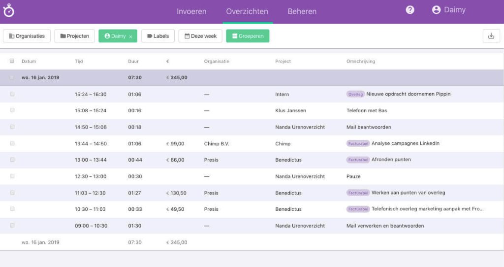Nanda Urenoverzich - Urenregistratie - Voorbeeld van een urenregistratie gepland aangepast  Nanda Urenoverzich - Urenregistratie - Voorbeeld van een urenregistratie gepland aangepast