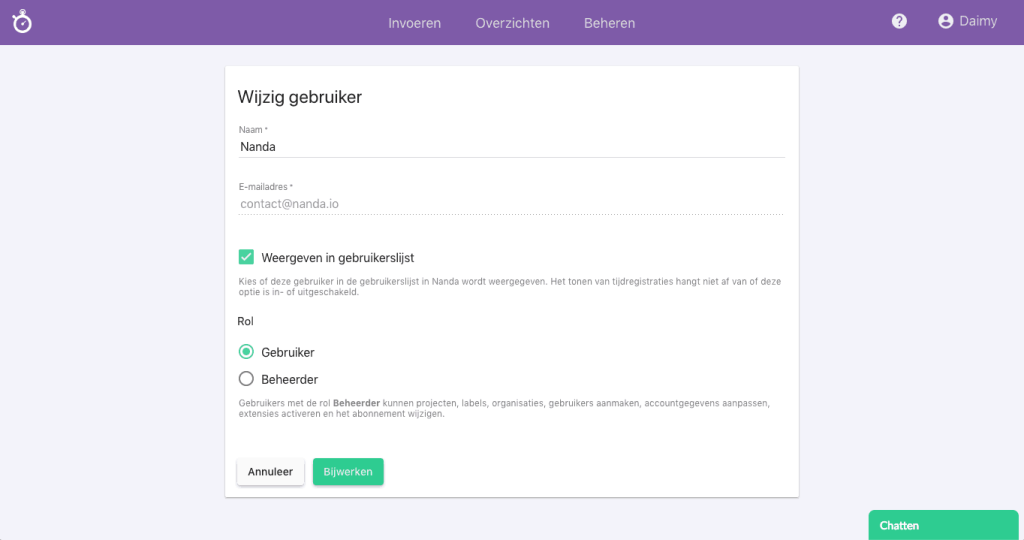 Nanda urenoverzicht - Gebruikers weergeven in gebruikerslijst