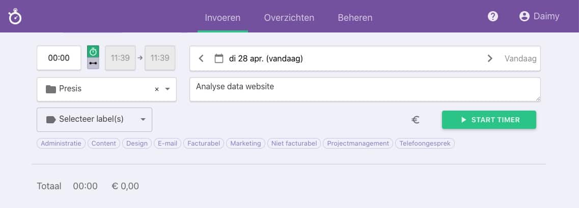 Nanda urenoverzicht - Start timer - stap 2