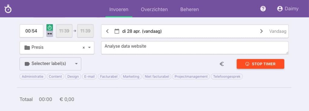 Nanda urenoverzicht - Stop timer - stap 3