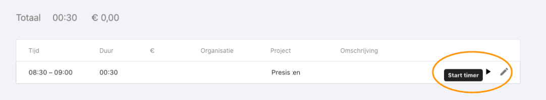 Nanda urenoverzicht - Timer activeren - Pauze start Nanda urenoverzicht - Timer activeren - Pauze start