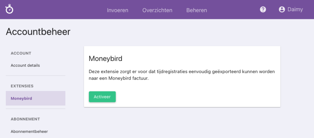 Nanda urenoverzicht - Exporteren naar Moneybird koppeling maken