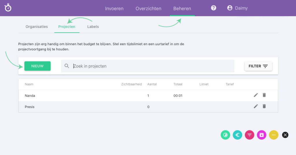 Nanda urenoverzicht - Project aanmaken