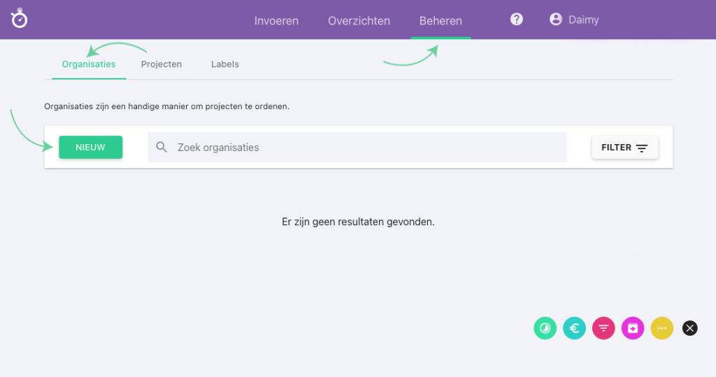 Nanda urenoverzicht - organisatie aanmaken Nanda